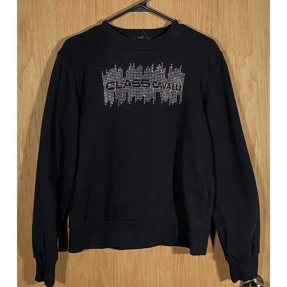 Cavalli Class Embellished Logo Crewneck Sweatshirt Spell Out Sparkly Women's Lg
